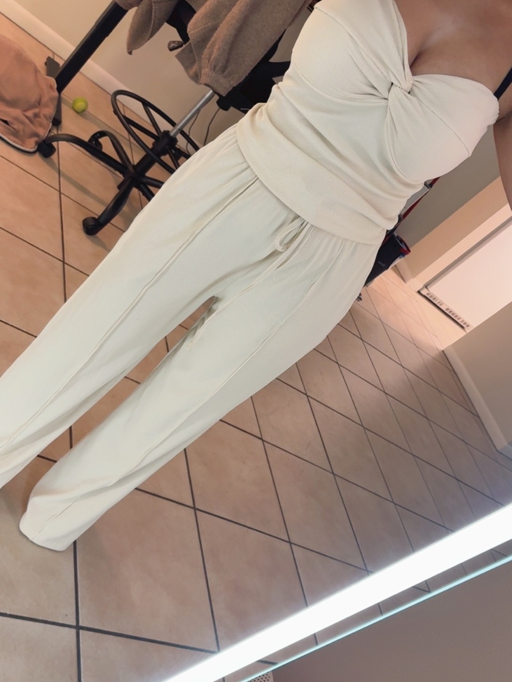 Women's Cream Wide-Leg Drawstring Pants
